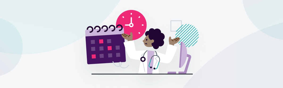 illustration of a calendar and a doctor with a clock to represent the cost of missed NHS appointments