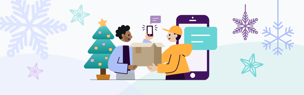 animated graphic showing a parcel being delivered at Christmas, with the customer holding a mobile phone